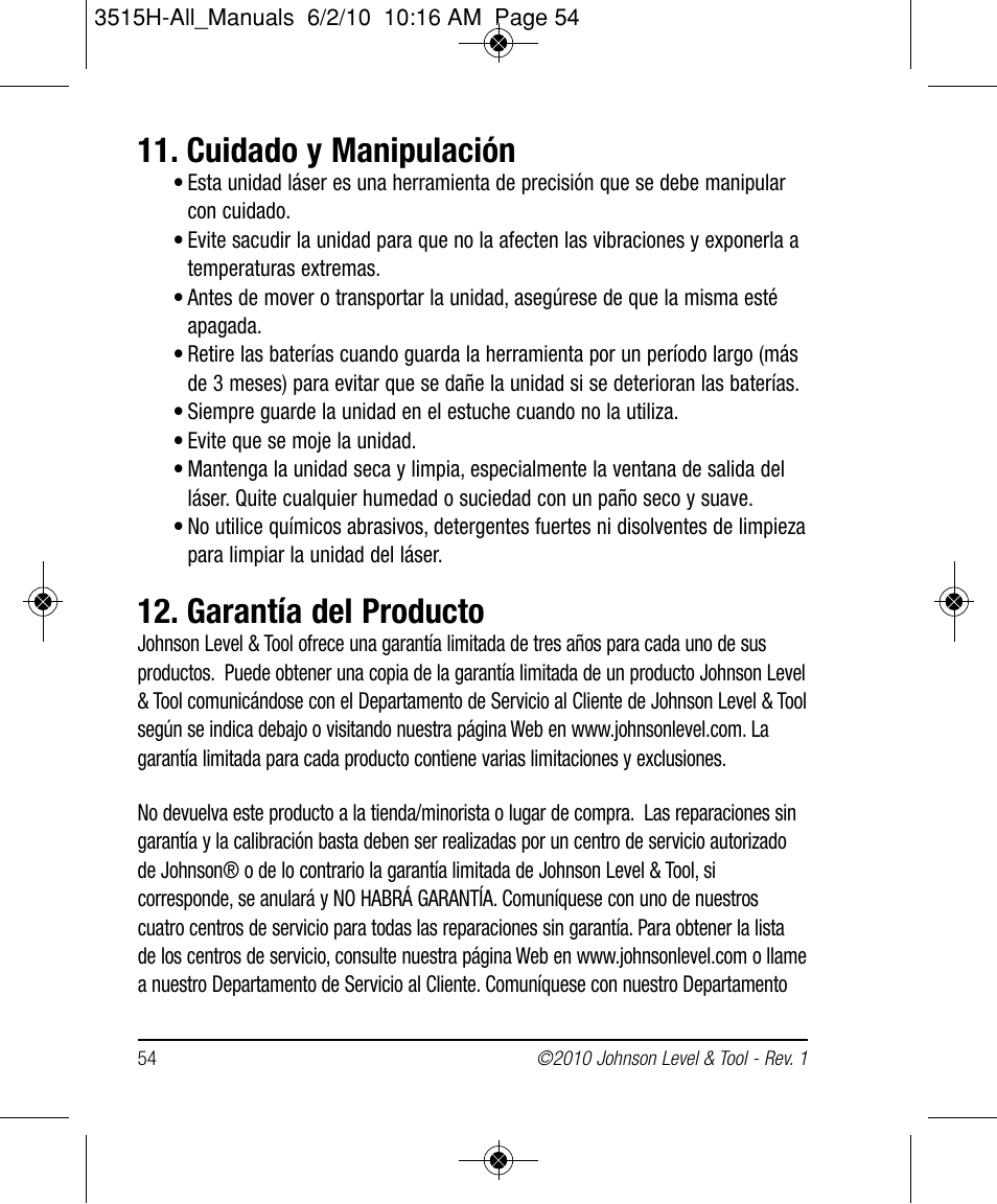 Cuidado y manipulación, Garantía del producto | Johnson Level & Tool Mfg. 40-6517 User Manual | Page 54 / 84