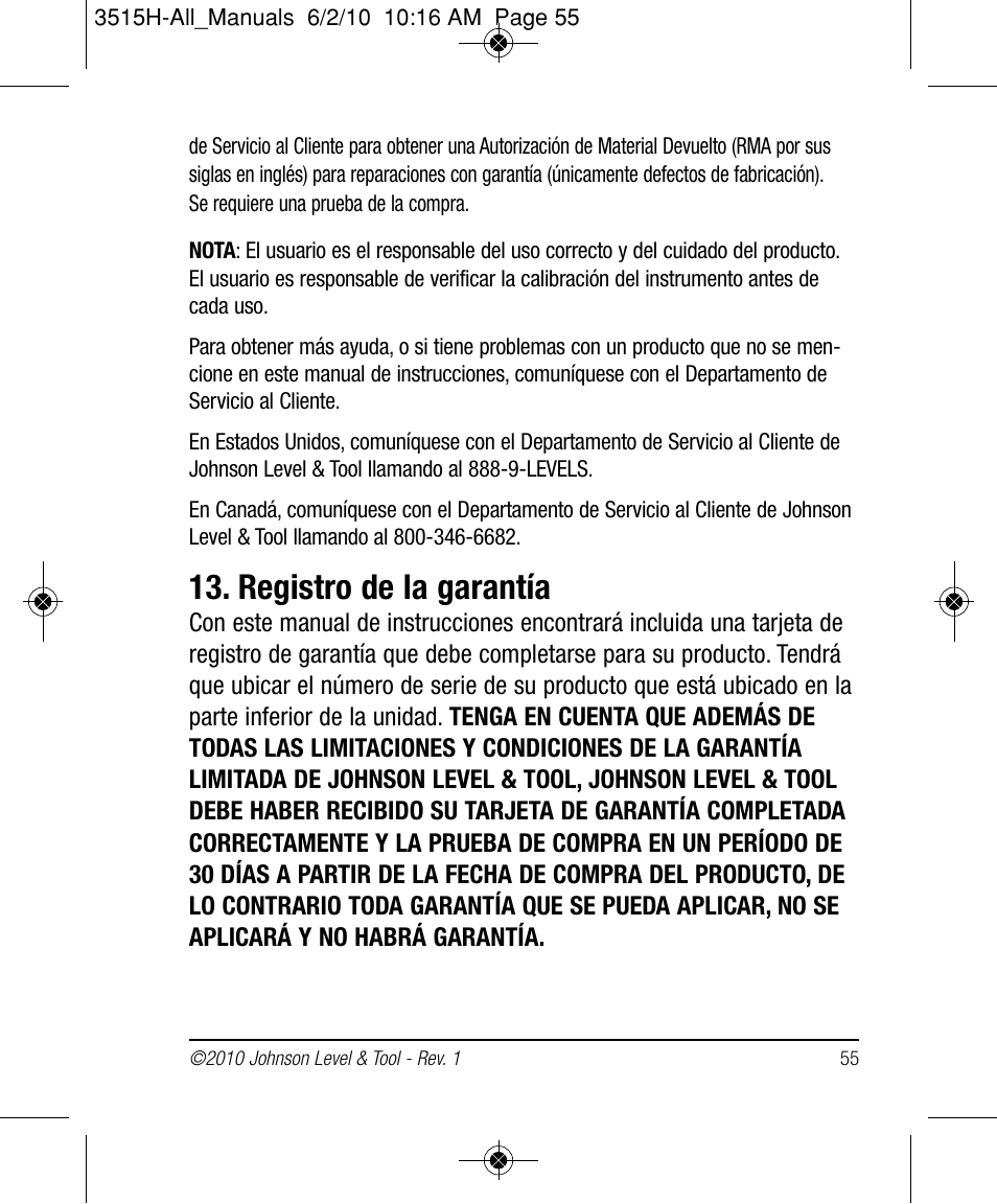 Registro de la garantía | Johnson Level & Tool Mfg. 40-6517 User Manual | Page 55 / 84