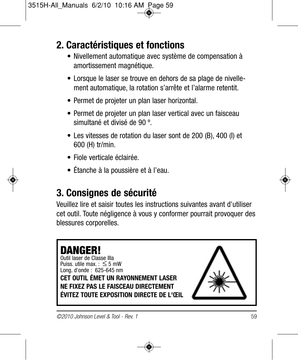 Danger, Caractéristiques et fonctions, Consignes de sécurité | Johnson Level & Tool Mfg. 40-6517 User Manual | Page 59 / 84