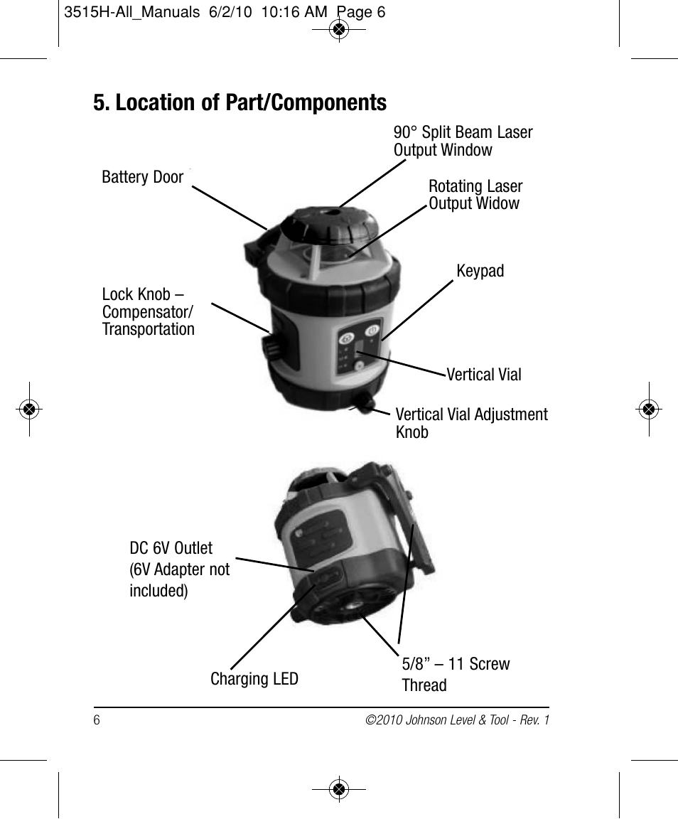 Location of part/components | Johnson Level & Tool Mfg. 40-6517 User Manual | Page 6 / 84