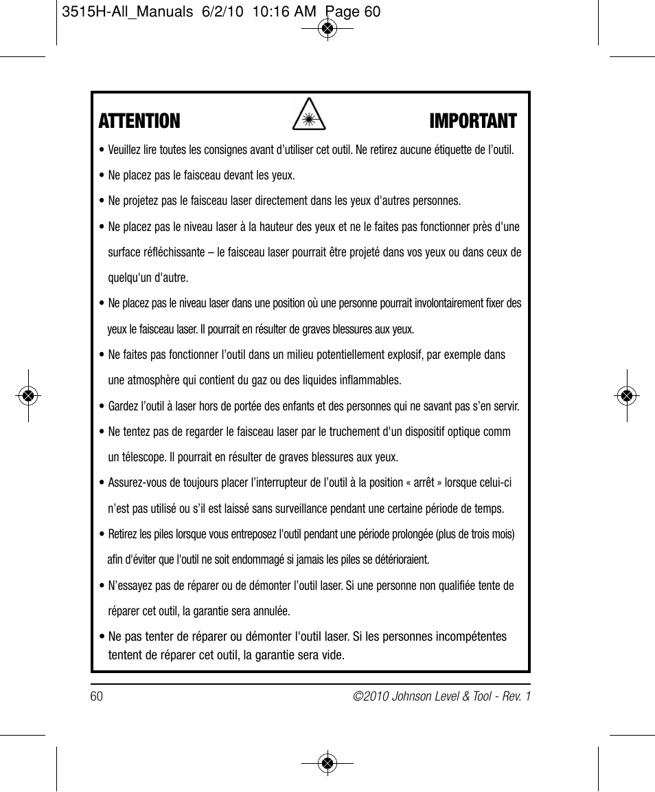 Attention important | Johnson Level & Tool Mfg. 40-6517 User Manual | Page 60 / 84