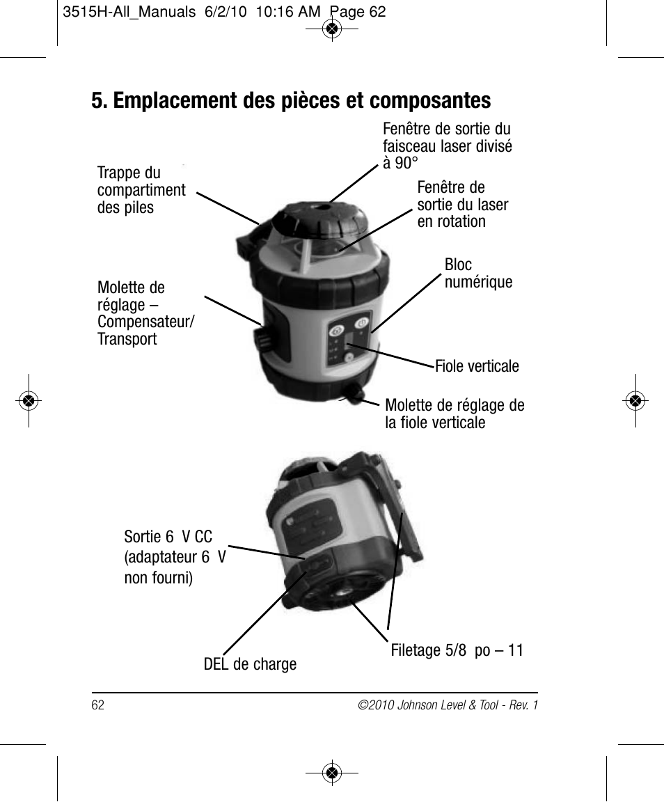 Emplacement des pièces et composantes | Johnson Level & Tool Mfg. 40-6517 User Manual | Page 62 / 84