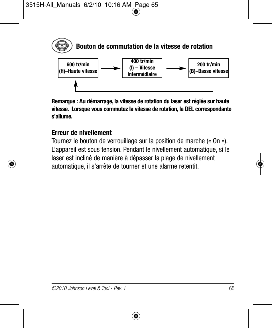 Bouton de commutation de la vitesse de rotation | Johnson Level & Tool Mfg. 40-6517 User Manual | Page 65 / 84