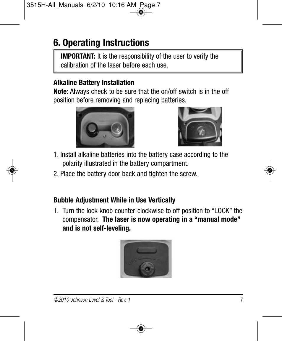 Operating instructions | Johnson Level & Tool Mfg. 40-6517 User Manual | Page 7 / 84