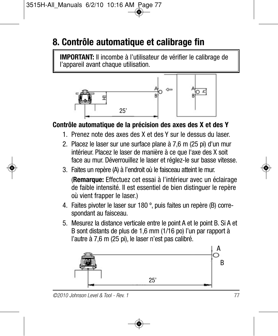 Contrôle automatique et calibrage fin | Johnson Level & Tool Mfg. 40-6517 User Manual | Page 77 / 84