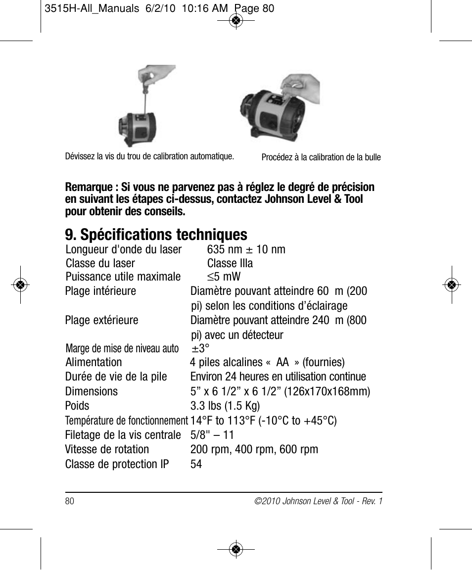 Spécifications techniques | Johnson Level & Tool Mfg. 40-6517 User Manual | Page 80 / 84