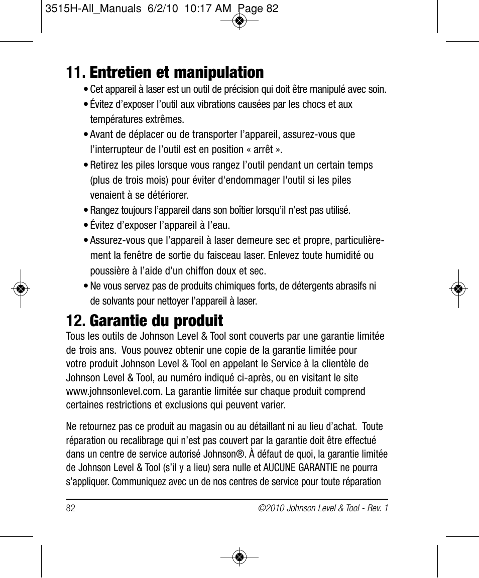 Entretien et manipulation, Garantie du produit | Johnson Level & Tool Mfg. 40-6517 User Manual | Page 82 / 84