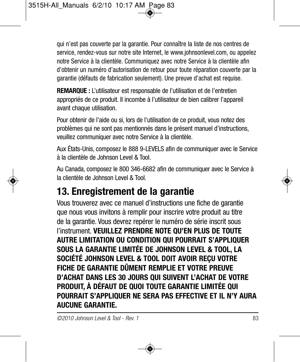 Enregistrement de la garantie | Johnson Level & Tool Mfg. 40-6517 User Manual | Page 83 / 84