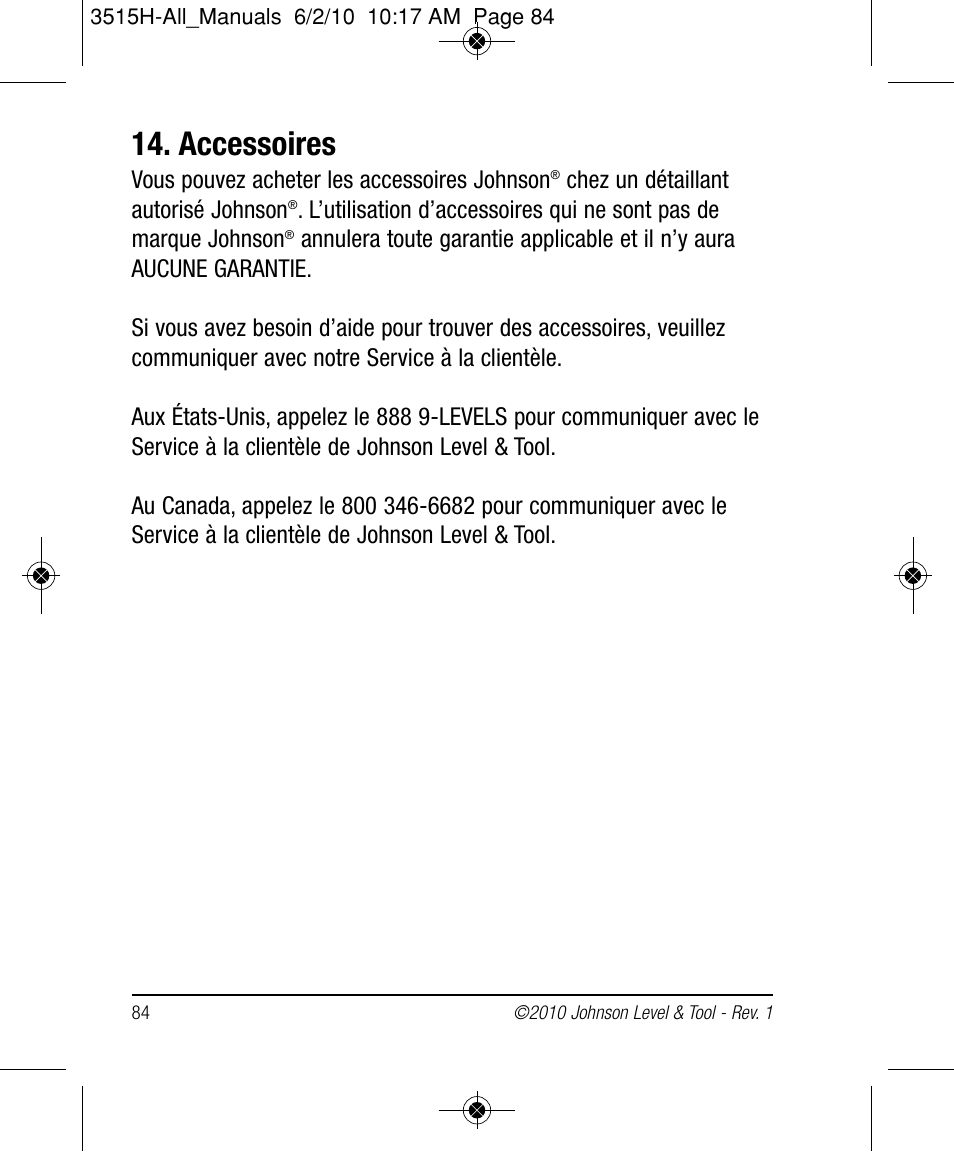 Accessoires | Johnson Level & Tool Mfg. 40-6517 User Manual | Page 84 / 84