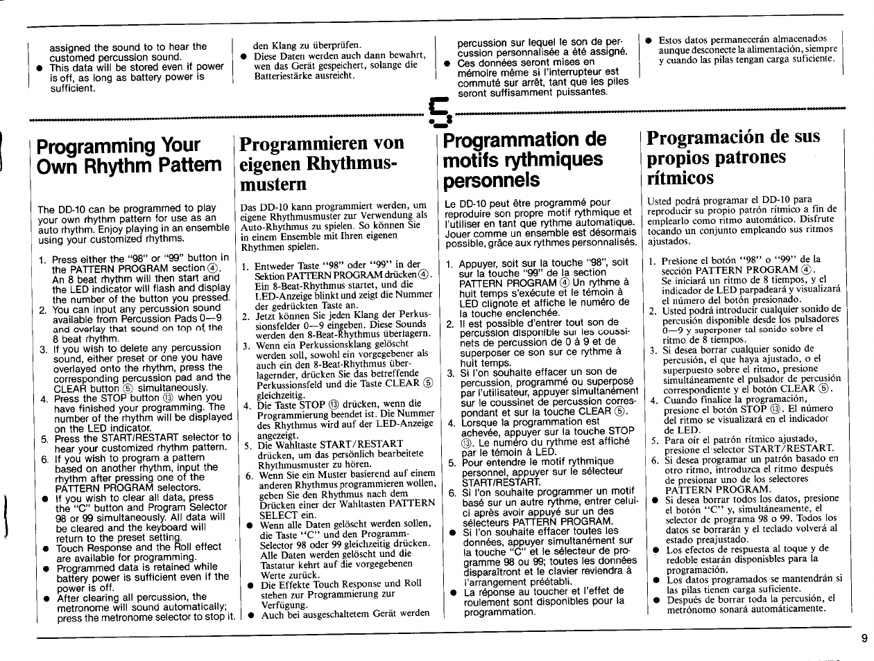 Programming your own rhythm pattem, Programmation de motifs rythmiques personneis, Programmieren von eigenen rhythmus- mustem | Programación de sus propios patrones rítmicos | Yamaha DD-10 User Manual | Page 11 / 20
