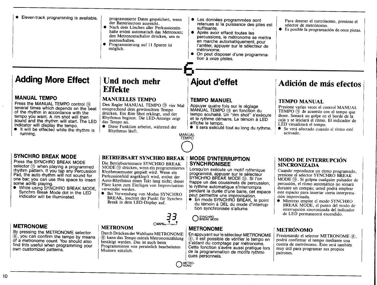 Adding more effect, Und noch mehr effekte, Manuelles tempo | Ajout d’effet, Betriebsart synchro break, Metronom, Adición de más efectos, Tempo manual, Metronomo | Yamaha DD-10 User Manual | Page 12 / 20