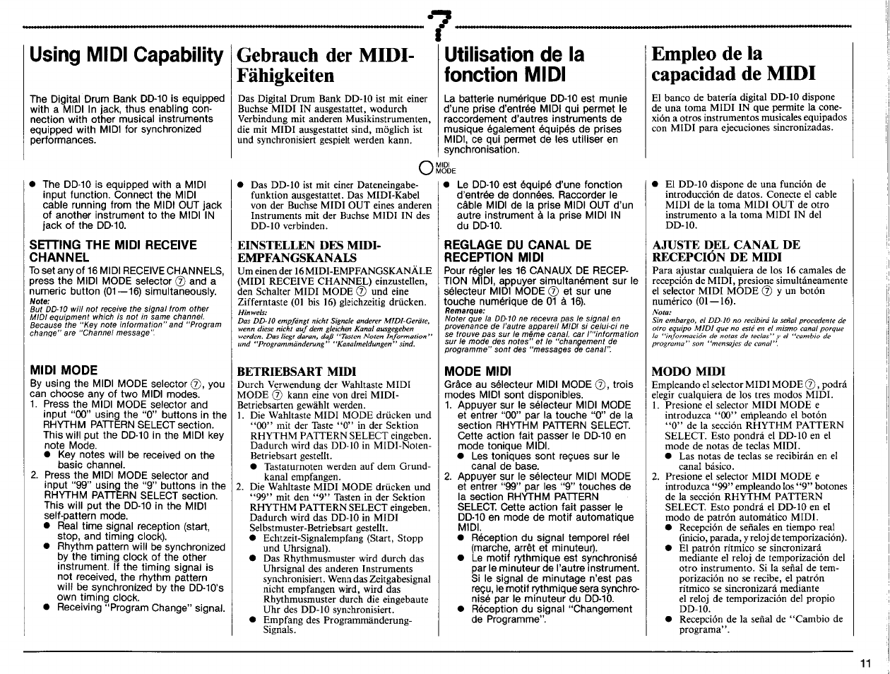Gebrauch der midi- fähigkeiten, Einstellen des midl empfangskanals, Betriebsart midi | Utilisation de ia fonction mi di, Gebrauch der midi-fähigkeiten, Utilisation de la fonction midi, Using midi capability, Empleo de la capacidad de midi | Yamaha DD-10 User Manual | Page 13 / 20