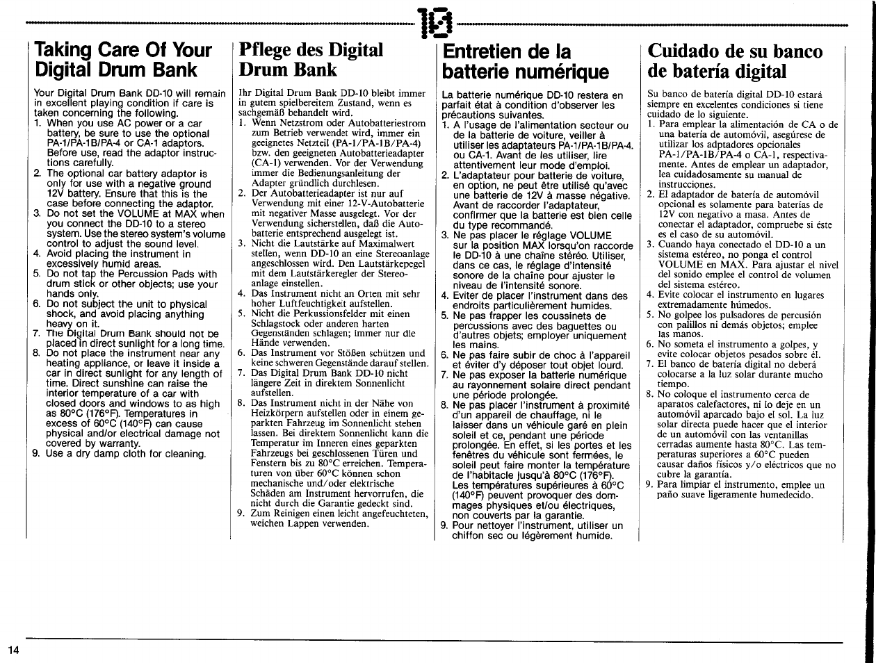 Taking care of your digital drum bank, Pflege des digital drum bank, Entretien de la batterie numérique | Cuidado de su banco de batería digital | Yamaha DD-10 User Manual | Page 16 / 20