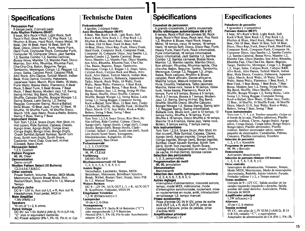 Specifications, Percussion pad, Technische daten | Spécifications, Coussinet de percussion, Especificaciones | Yamaha DD-10 User Manual | Page 17 / 20