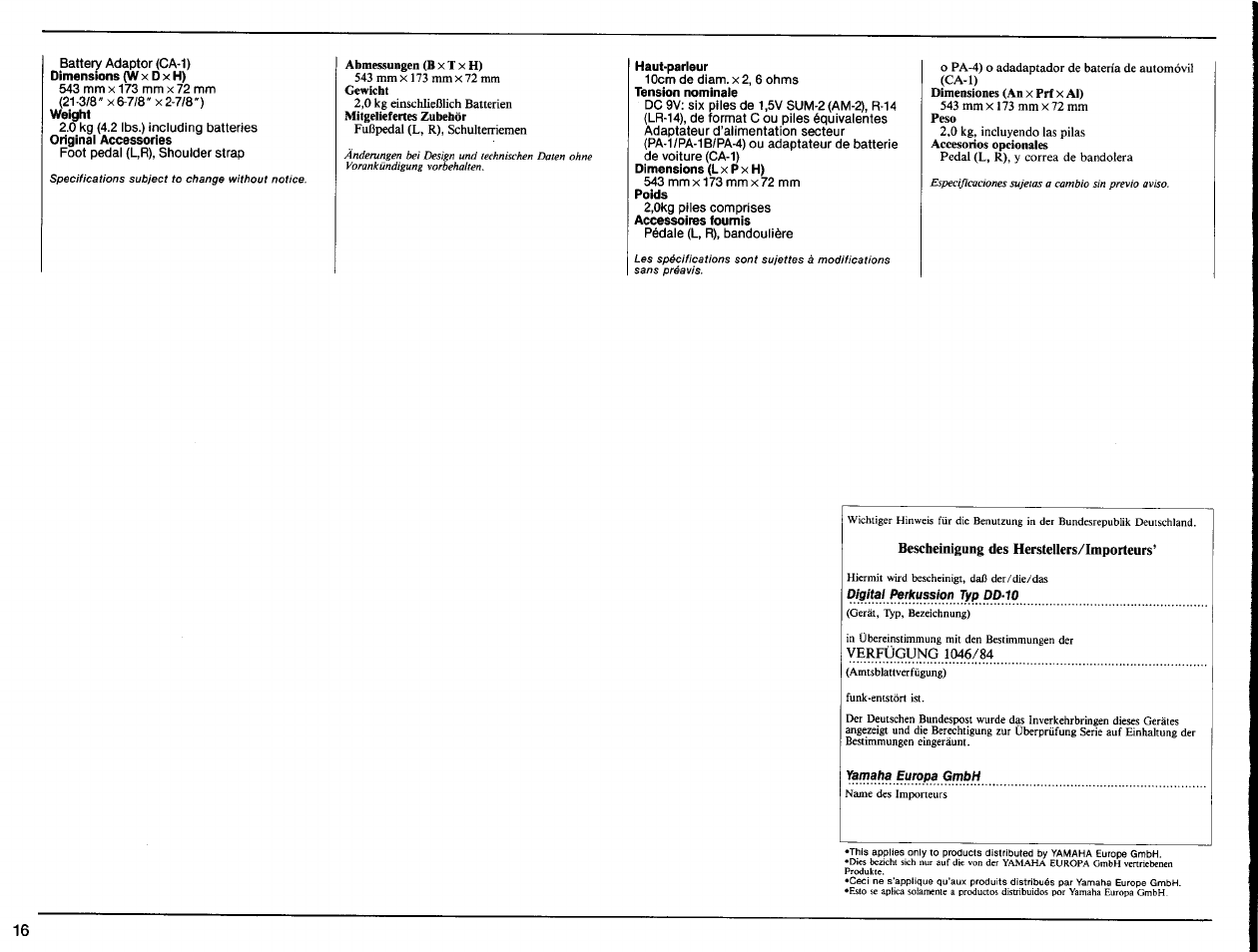 Bescheinigung des herstellers/importeurs | Yamaha DD-10 User Manual | Page 18 / 20