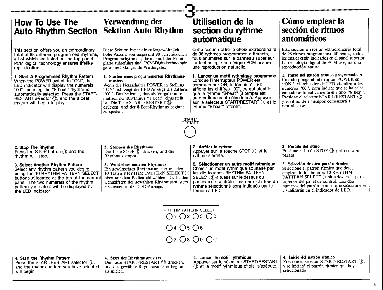 How to use the auto rhythm section, Start a programmed rhythm pattern, Verwendung der sektion auto rhythm | Utilisation de la section du rythme automatique, Lancer un motif rythmique programmé, Cómo emplear la sección de ritmos automáticos, Stop the rhythm, Select another rhythm pattern, Arrêter le rythme, Sélectionner un autre motif rythmique | Yamaha DD-10 User Manual | Page 7 / 20