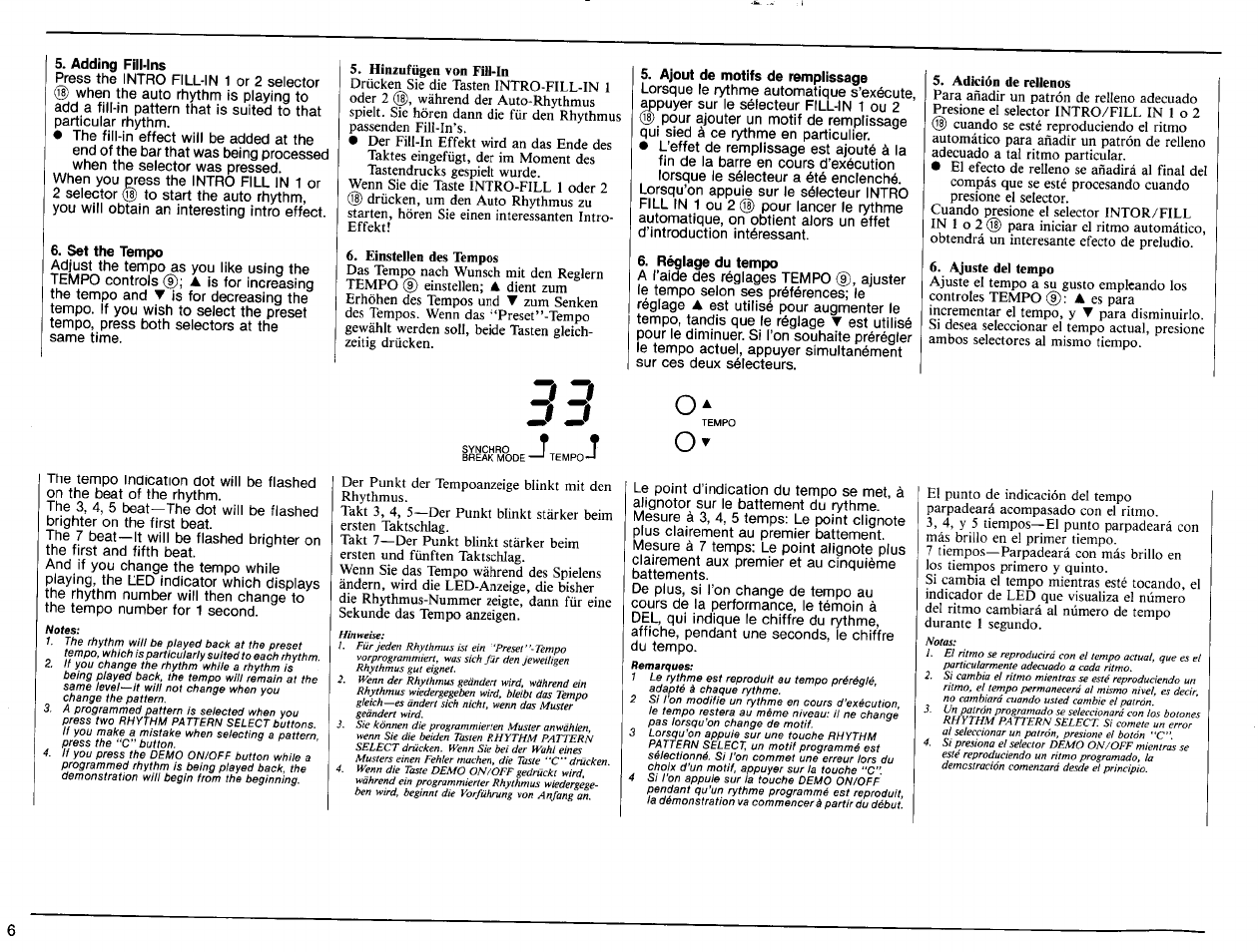 Adding fill-ins, Set the tempo, Ajout de motifs de remplissage | R^lage du tempo, Hinzufügen von fut-ln, Einstellen des tempos, Adición de rellenos, Ajuste del tempo | Yamaha DD-10 User Manual | Page 8 / 20