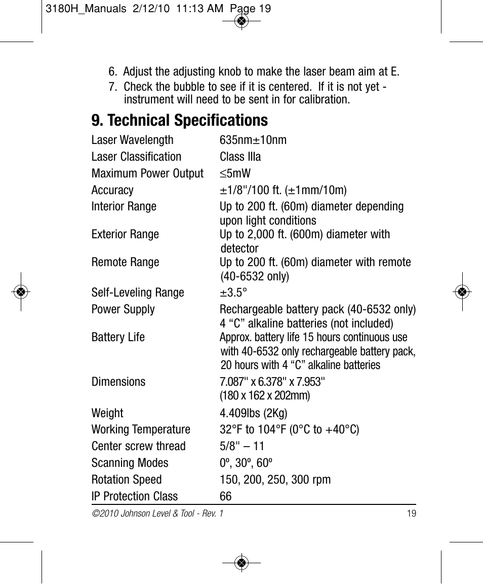 Technical specifications | Johnson Level & Tool Mfg. 40-6532 User Manual | Page 19 / 24