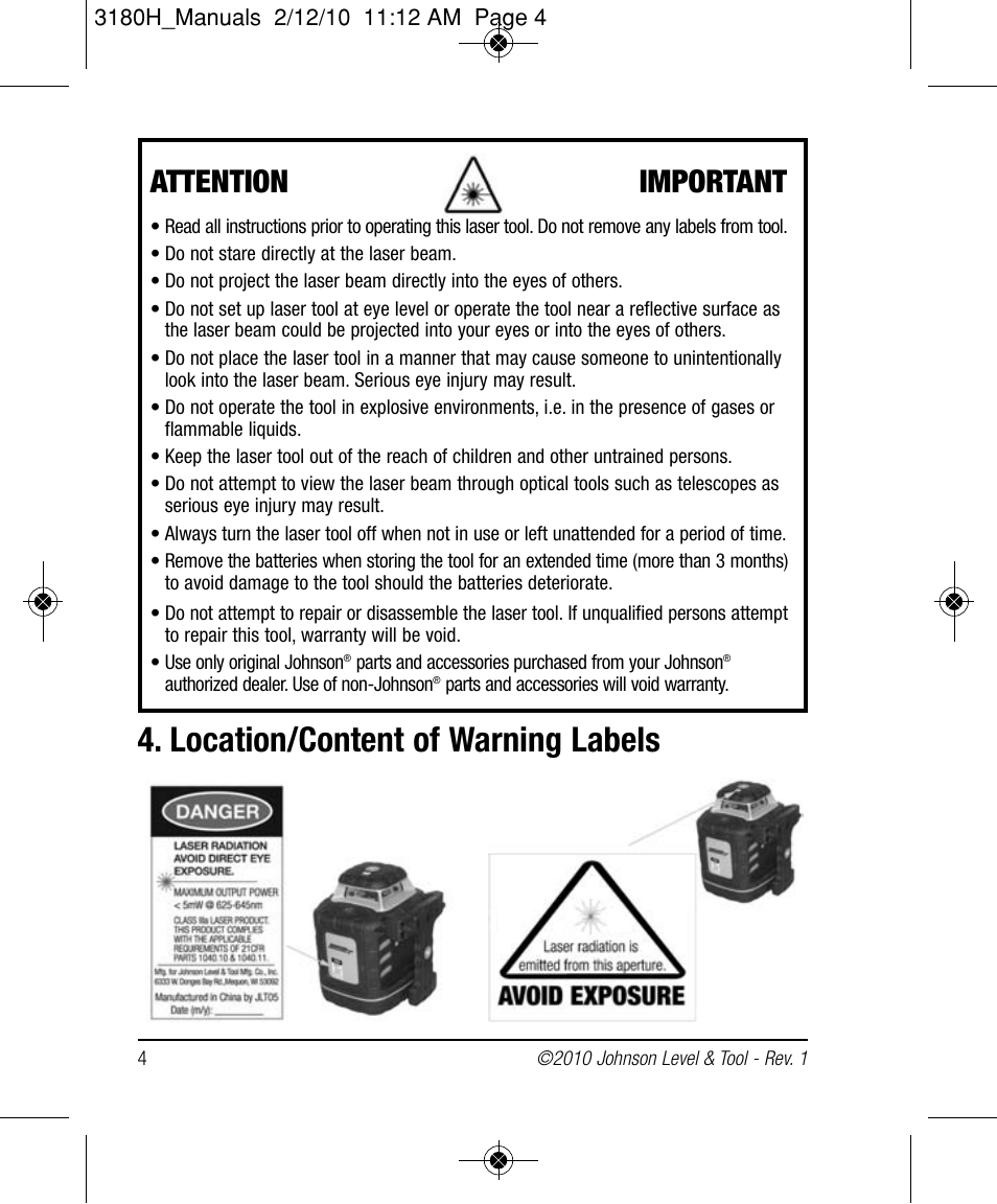 Location/content of warning labels, Attention important | Johnson Level & Tool Mfg. 40-6532 User Manual | Page 4 / 24