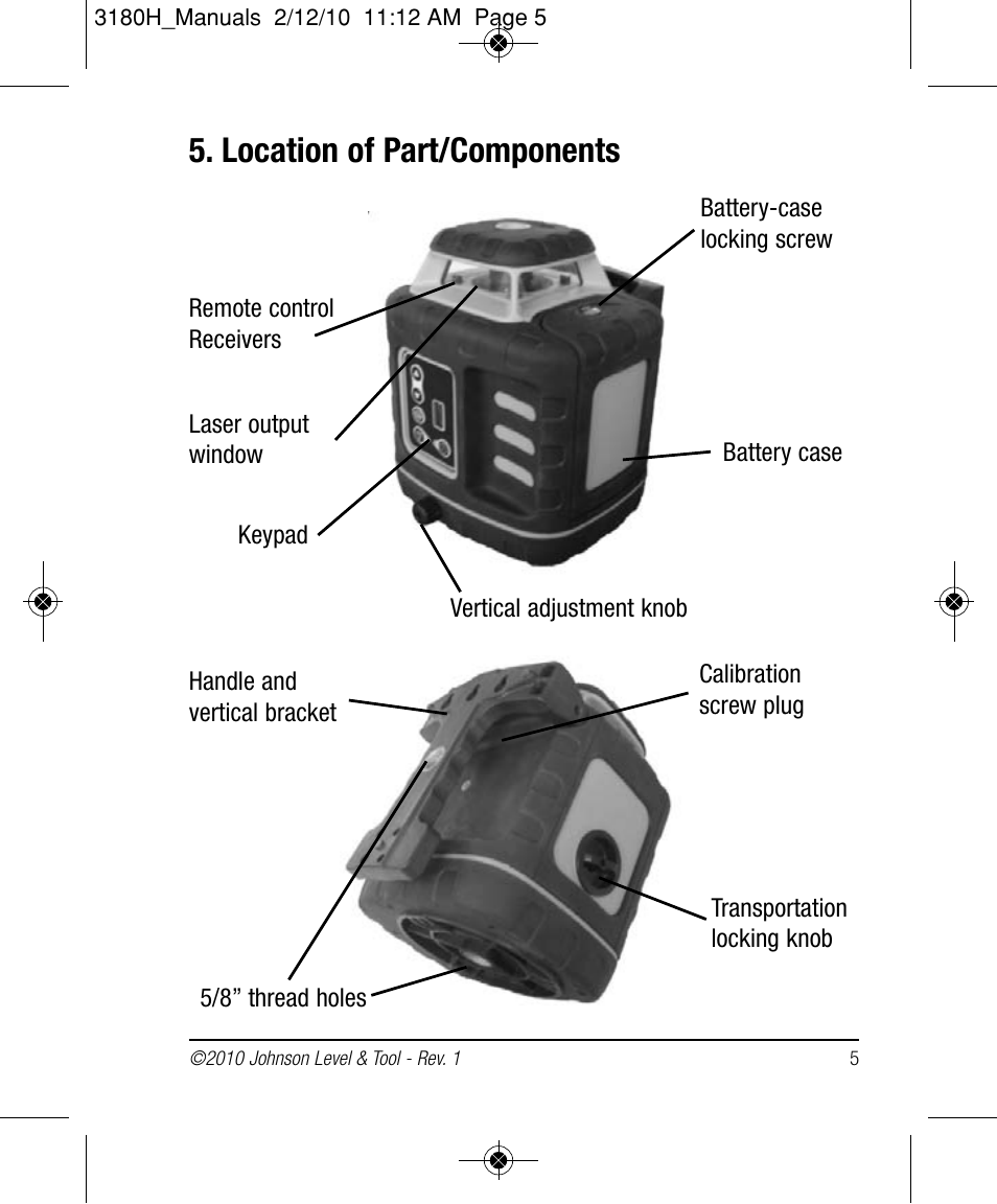 Location of part/components | Johnson Level & Tool Mfg. 40-6532 User Manual | Page 5 / 24