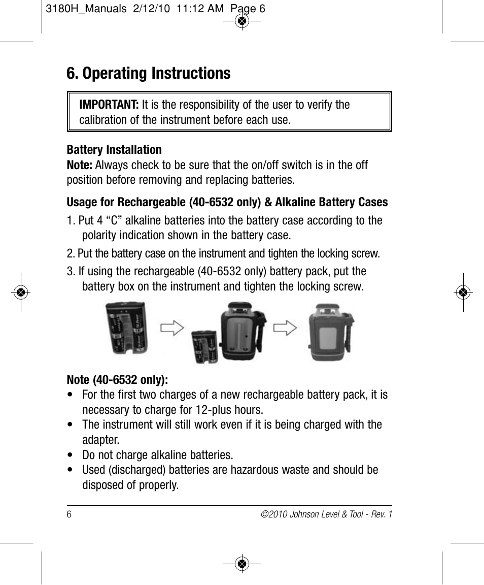 Operating instructions | Johnson Level & Tool Mfg. 40-6532 User Manual | Page 6 / 24