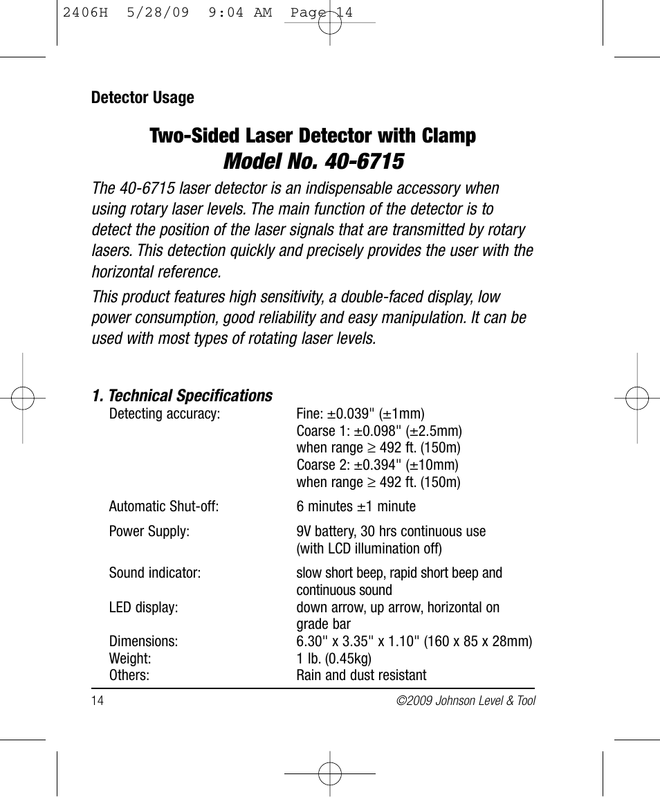 Two-sided laser detector with clamp | Johnson Level & Tool Mfg. 40-6580 User Manual | Page 14 / 30