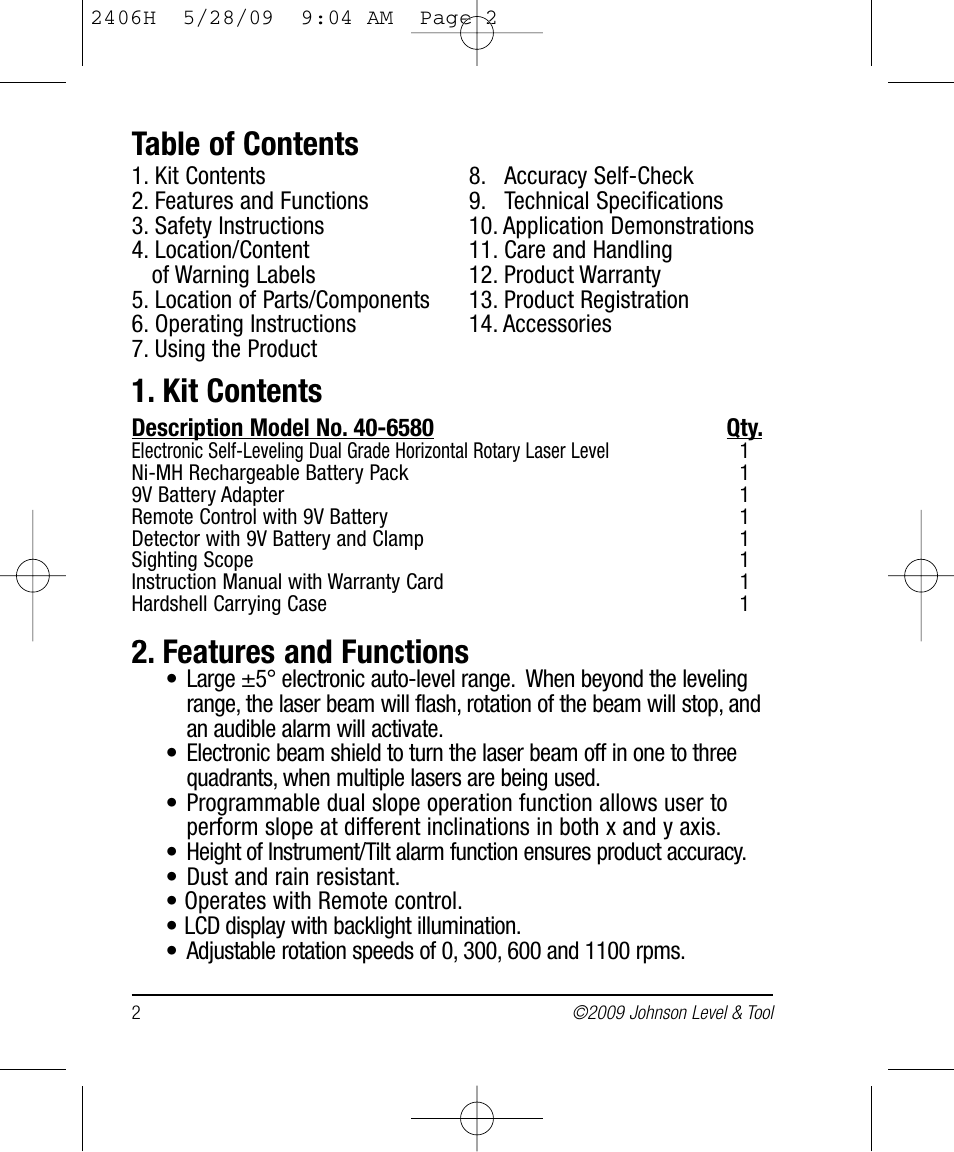 Johnson Level & Tool Mfg. 40-6580 User Manual | Page 2 / 30
