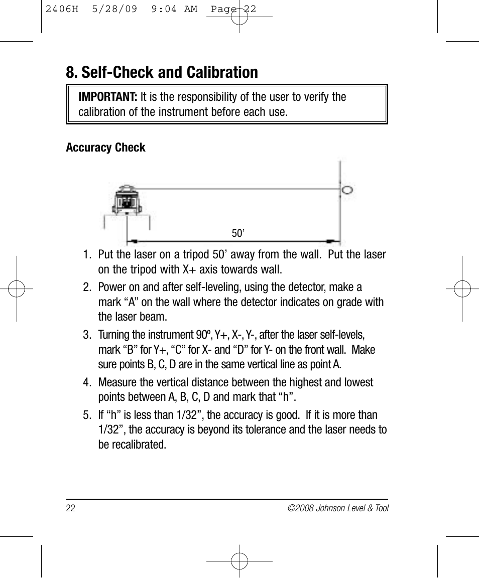 Self-check and calibration | Johnson Level & Tool Mfg. 40-6580 User Manual | Page 22 / 30