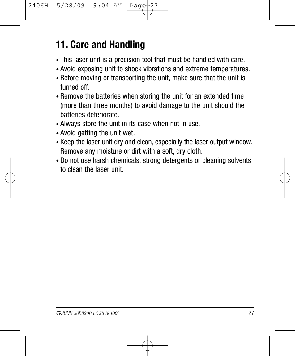 Care and handling | Johnson Level & Tool Mfg. 40-6580 User Manual | Page 27 / 30