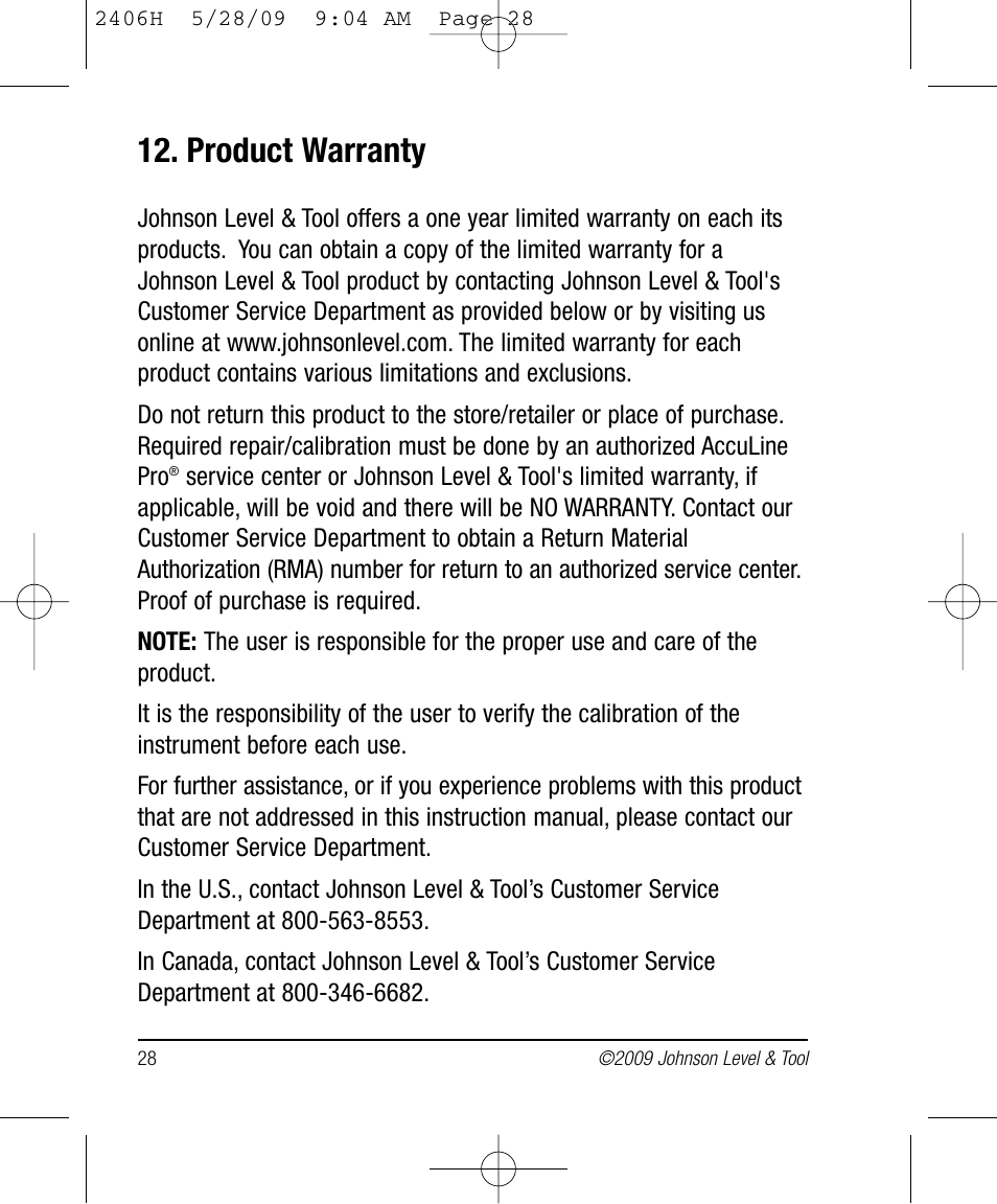Product warranty | Johnson Level & Tool Mfg. 40-6580 User Manual | Page 28 / 30