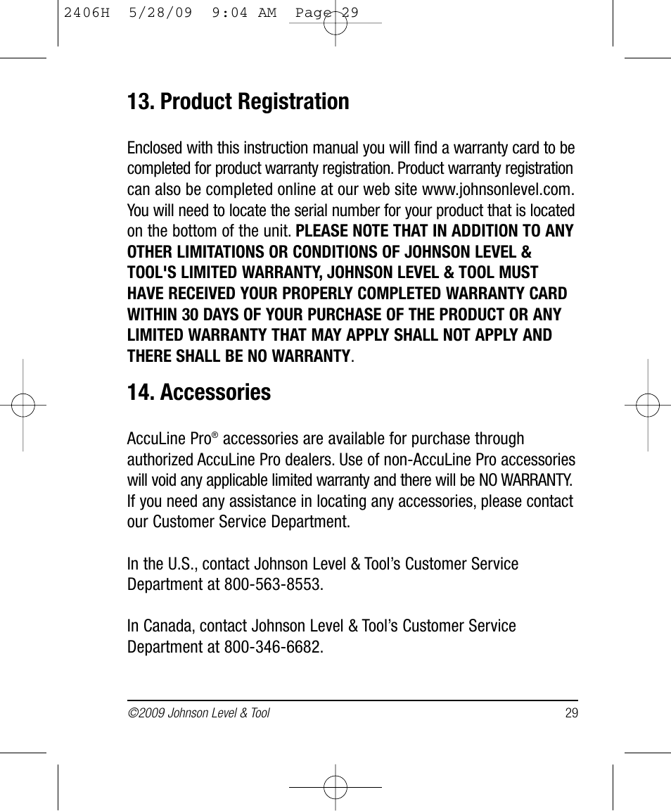 Product registration, Accessories | Johnson Level & Tool Mfg. 40-6580 User Manual | Page 29 / 30