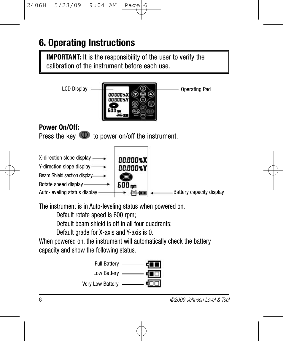 Operating instructions | Johnson Level & Tool Mfg. 40-6580 User Manual | Page 6 / 30