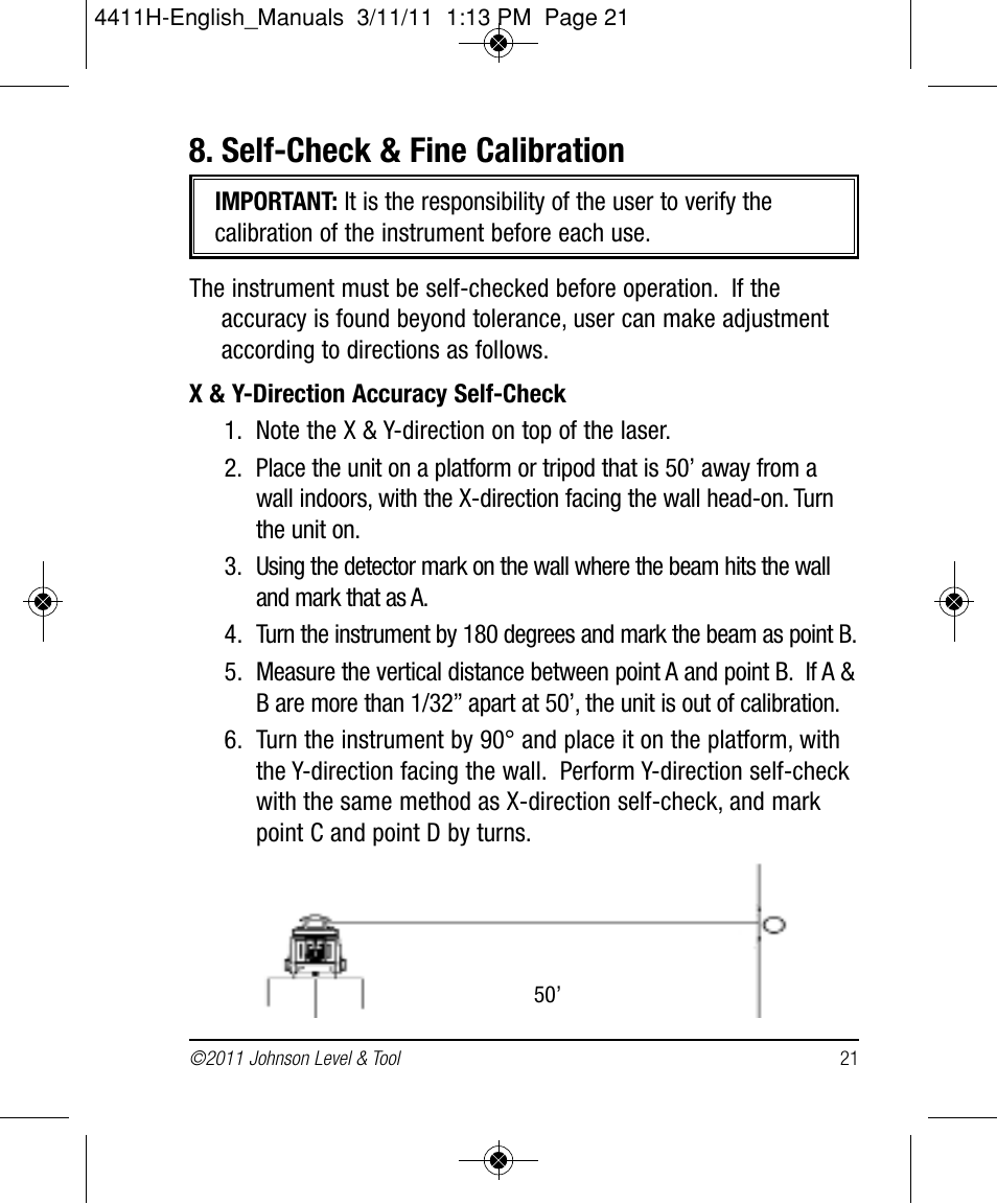 Self-check & fine calibration | Johnson Level & Tool Mfg. 40-6544 User Manual | Page 21 / 30