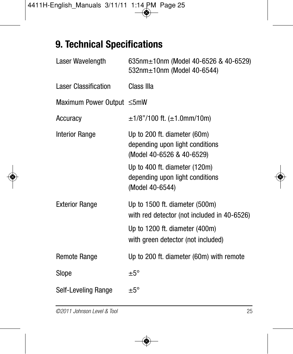 Technical specifications | Johnson Level & Tool Mfg. 40-6544 User Manual | Page 25 / 30