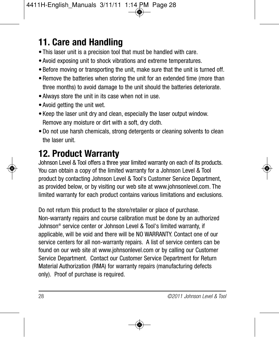 Care and handling, Product warranty | Johnson Level & Tool Mfg. 40-6544 User Manual | Page 28 / 30