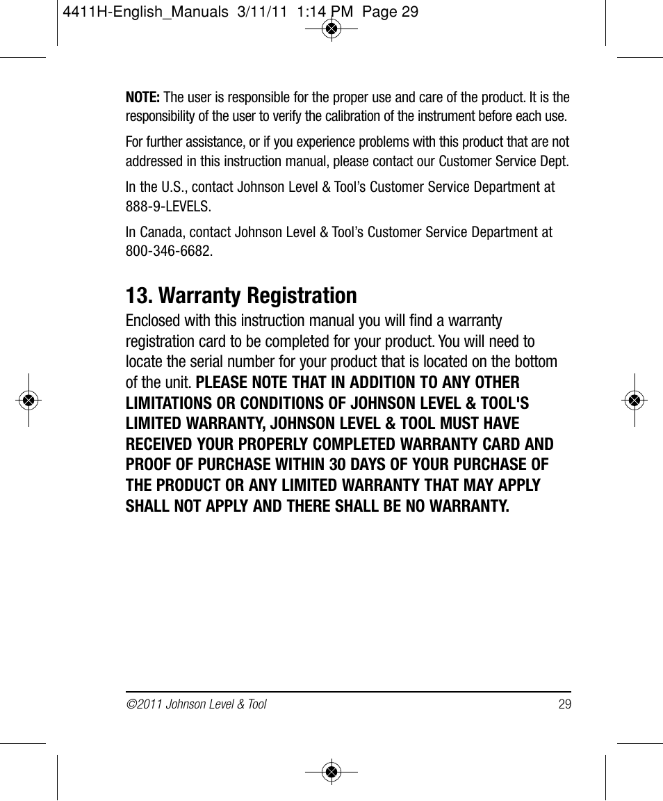 Warranty registration | Johnson Level & Tool Mfg. 40-6544 User Manual | Page 29 / 30