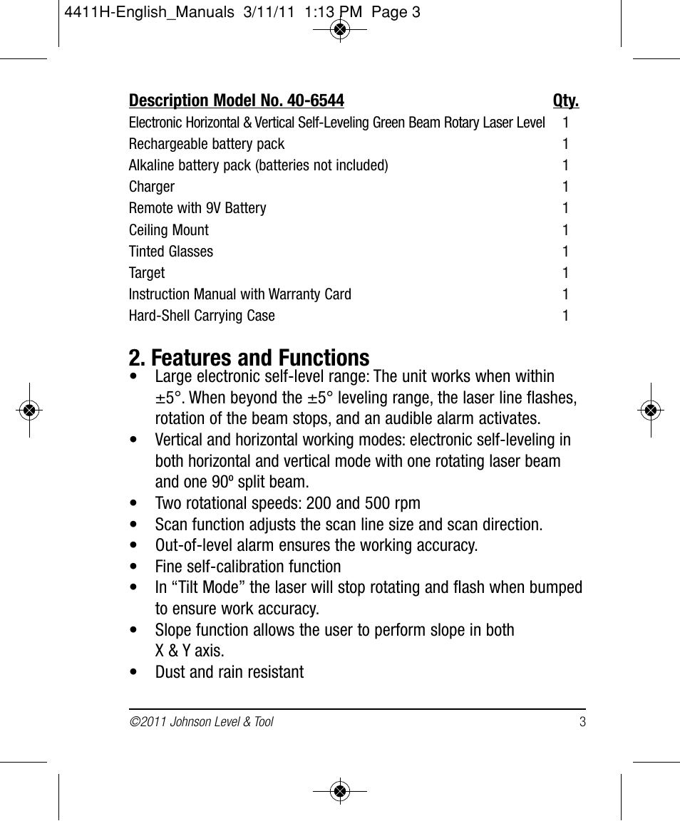 Features and functions | Johnson Level & Tool Mfg. 40-6544 User Manual | Page 3 / 30