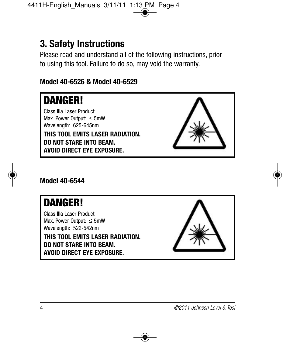 Danger, Safety instructions | Johnson Level & Tool Mfg. 40-6544 User Manual | Page 4 / 30