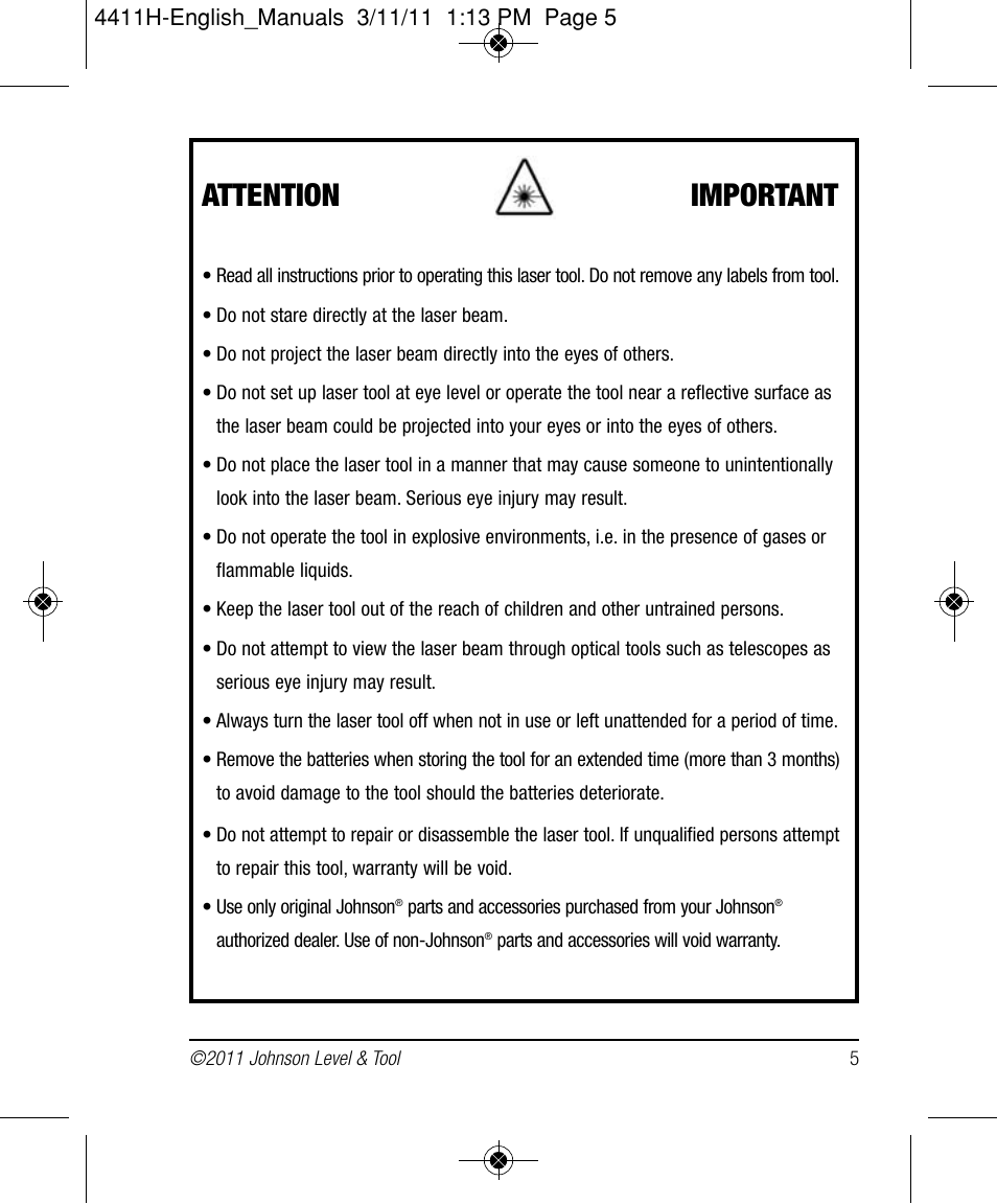 Attention important | Johnson Level & Tool Mfg. 40-6544 User Manual | Page 5 / 30