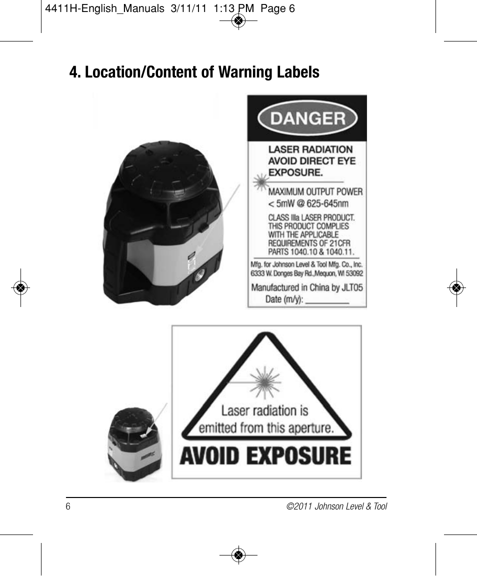 Location/content of warning labels | Johnson Level & Tool Mfg. 40-6544 User Manual | Page 6 / 30