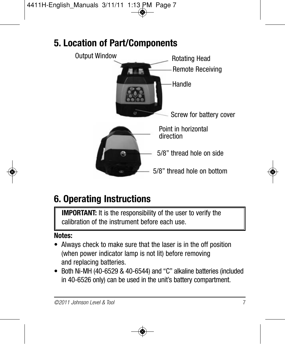 Operating instructions, Location of part/components | Johnson Level & Tool Mfg. 40-6544 User Manual | Page 7 / 30