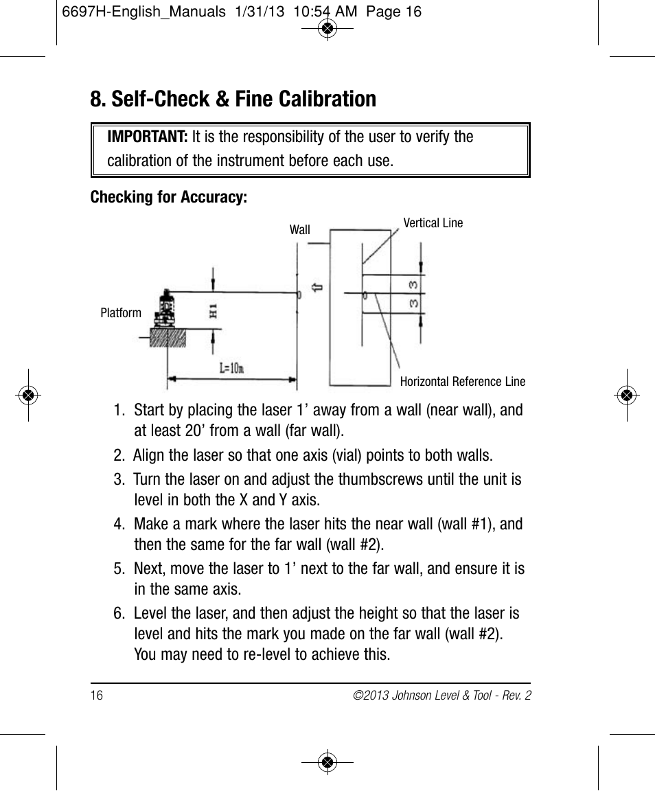 Self-check & fine calibration | Johnson Level & Tool Mfg. 40-6512 User Manual | Page 16 / 22