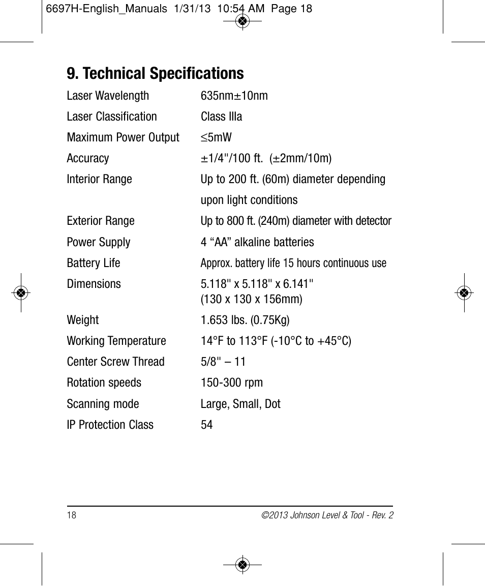 Technical specifications | Johnson Level & Tool Mfg. 40-6512 User Manual | Page 18 / 22
