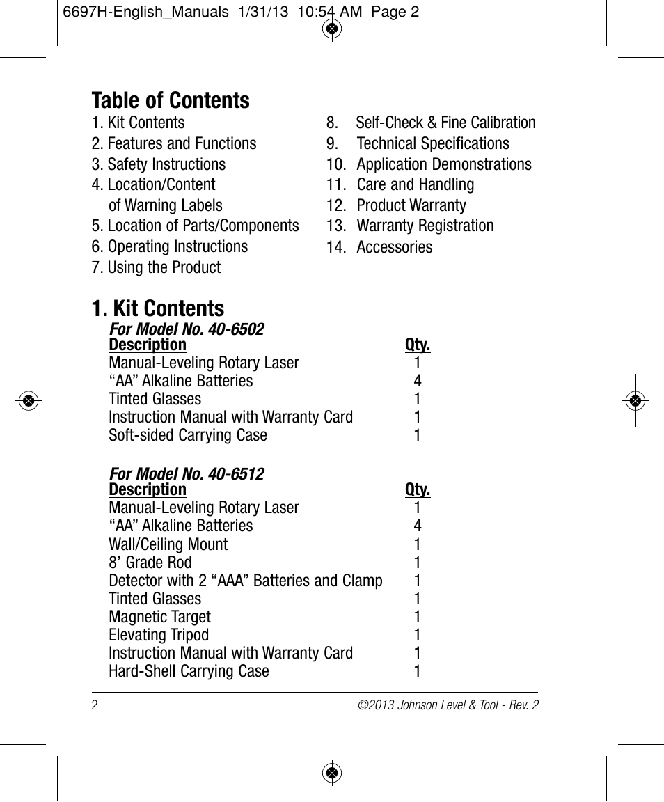 Johnson Level & Tool Mfg. 40-6512 User Manual | Page 2 / 22