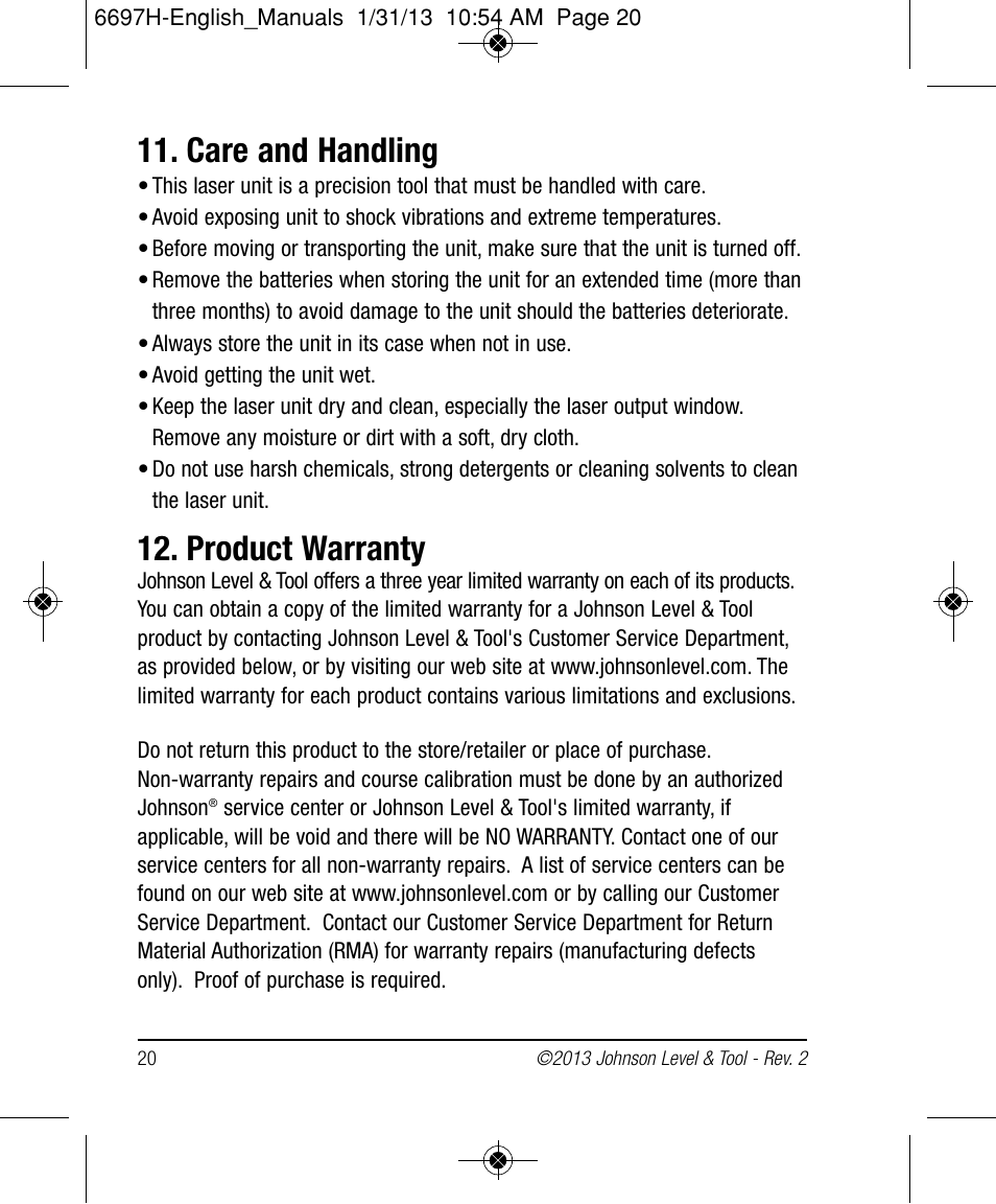 Care and handling, Product warranty | Johnson Level & Tool Mfg. 40-6512 User Manual | Page 20 / 22