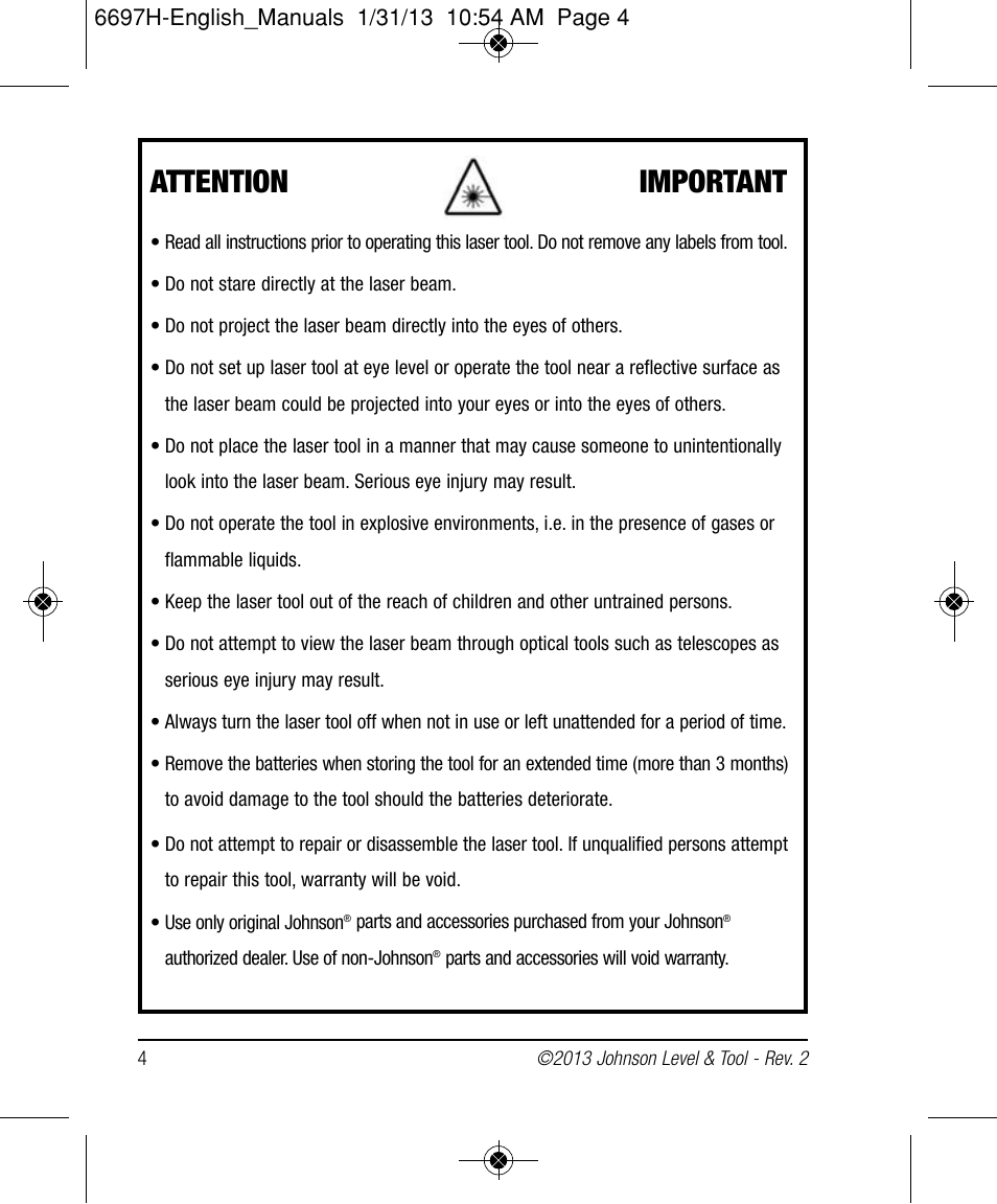 Attention important | Johnson Level & Tool Mfg. 40-6512 User Manual | Page 4 / 22