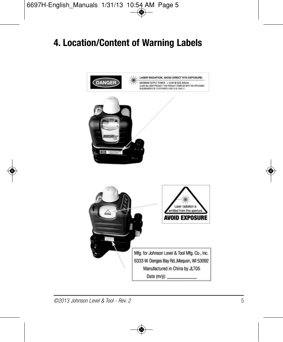 Location/content of warning labels | Johnson Level & Tool Mfg. 40-6512 User Manual | Page 5 / 22