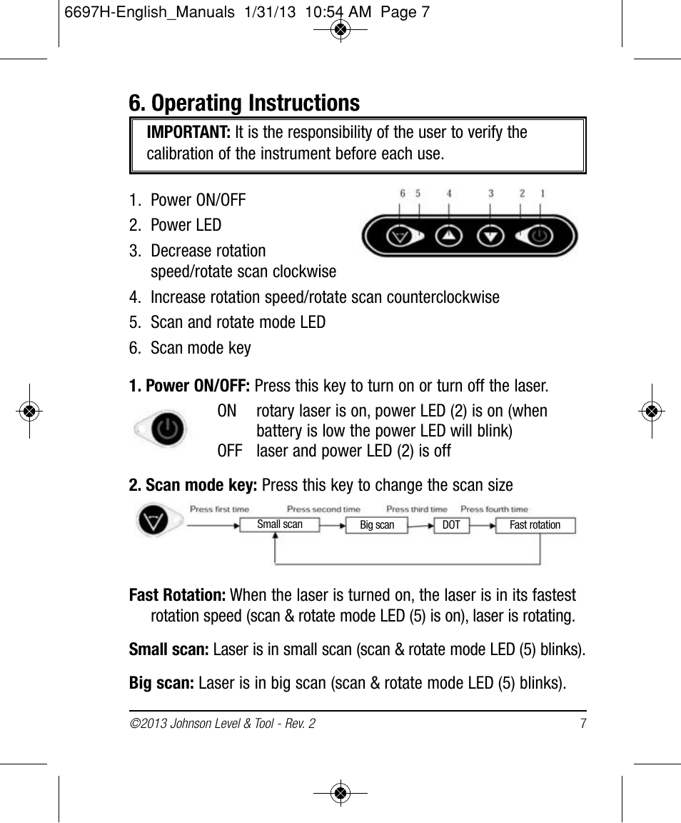 Operating instructions | Johnson Level & Tool Mfg. 40-6512 User Manual | Page 7 / 22