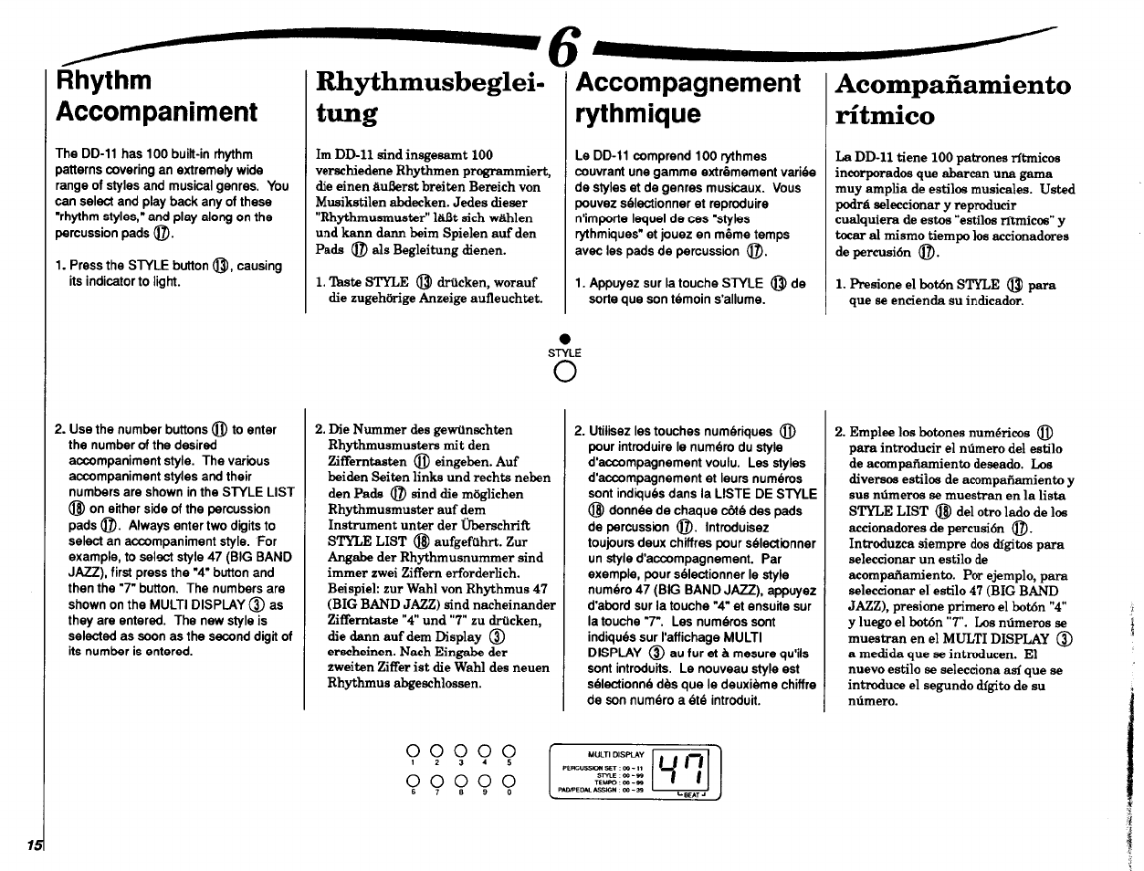 Rhythm, Accompaniment, Rhythmusbeglei | Tung, Accompagnement, Rythmique, Acompañamiento, Rítmico, Rhythmusbegleitimg, Rhythm accompaniment | Yamaha DD-11 User Manual | Page 16 / 39