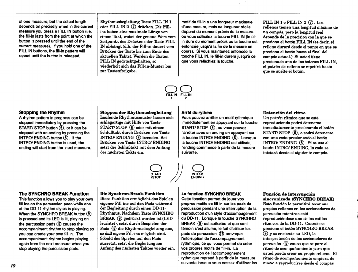 Stopping the rhythm, Arrêt du rythme, The synchro break function | La fonction synchro break | Yamaha DD-11 User Manual | Page 20 / 39